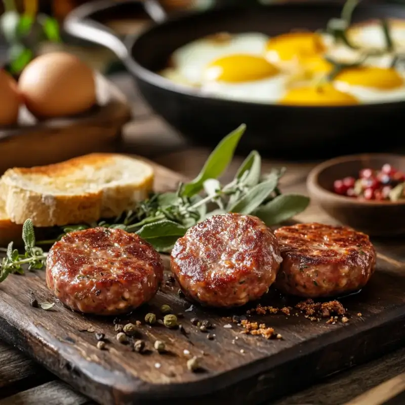 Freshly cooked breakfast sausage patties, links, and crumbles garnished with sage and spices on a rustic wooden board.