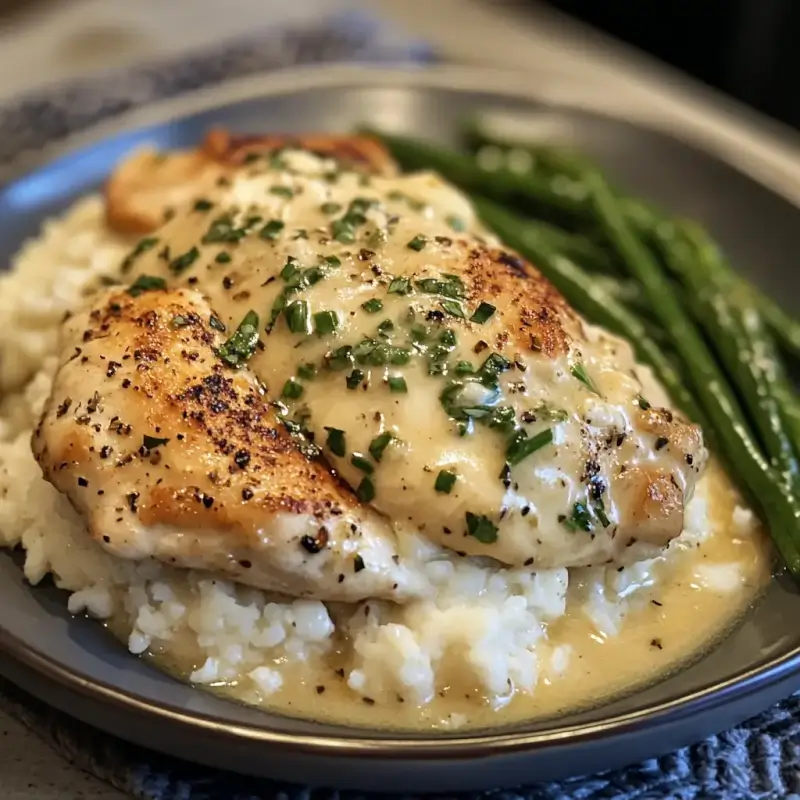 Creamy garlic chicken served in a skillet, topped with fresh parsley and surrounded by a rich, velvety sauce.