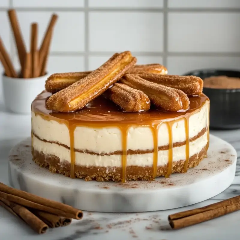 Realistic Churro Cheesecake with caramel drizzle on a marble countertop, styled with cinnamon sticks and sugar.