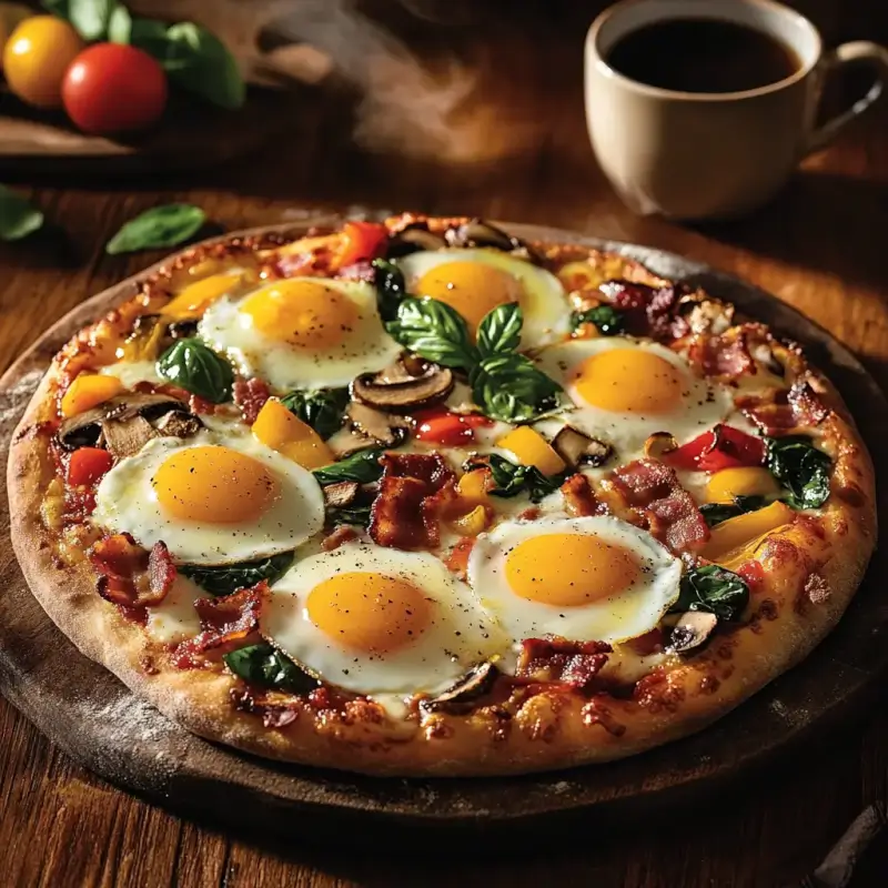 Freshly baked breakfast pizza with sunny-side-up eggs, crispy bacon, sautéed vegetables, and melted cheese on a rustic wooden table.