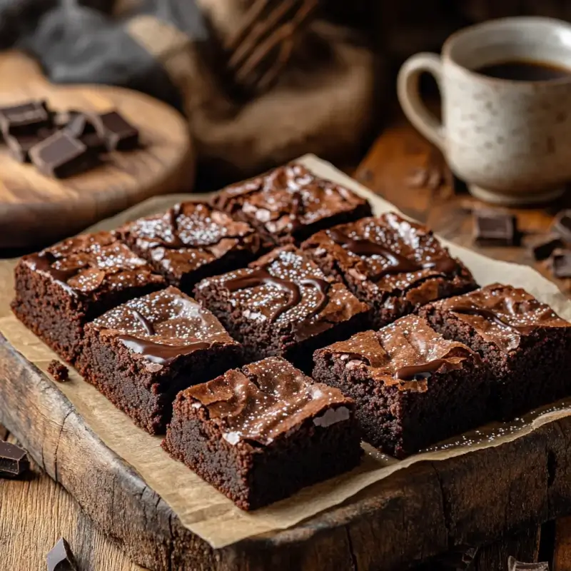 Rich, fudgy brownies with a glossy chocolate drizzle and powdered sugar, served on a wooden tray with a cozy kitchen background.