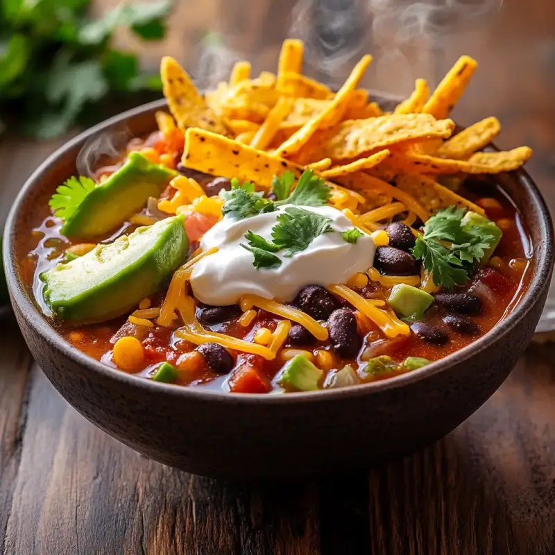 A steaming bowl of taco soup topped with cheese, avocado, sour cream, and tortilla strips, surrounded by Tex-Mex-inspired garnishes on a rustic wooden table.