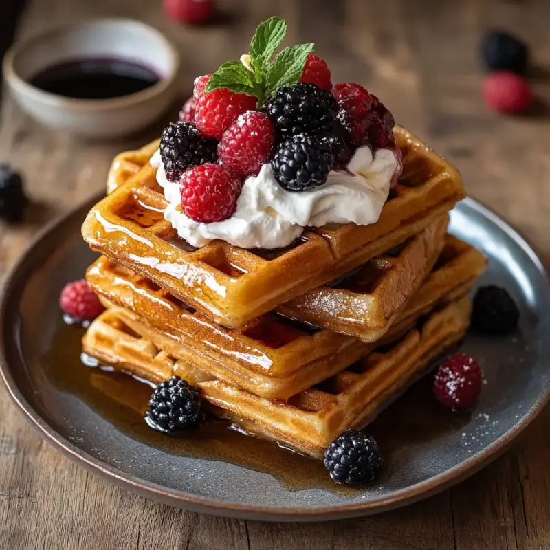 Golden French Toast Waffles topped with syrup, fresh berries, and whipped cream on a rustic table.