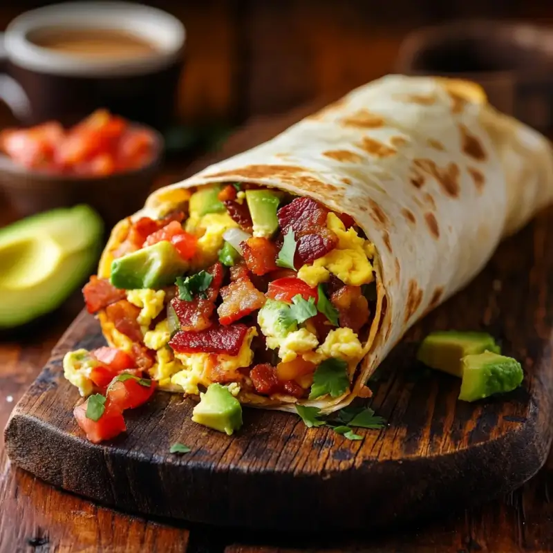 A delicious breakfast burrito with eggs, bacon, vegetables, and cheese, served with salsa and avocado.