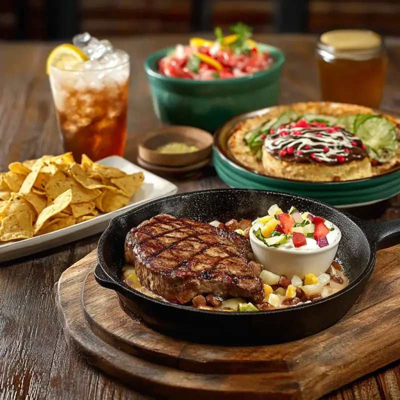 A vibrant table of applebee's menu at a casual dining restaurant featuring dishes like a sizzling steak, colorful chicken entrée, creamy spinach dip, and a decadent chocolate dessert with refreshing drinks in a cozy booth.