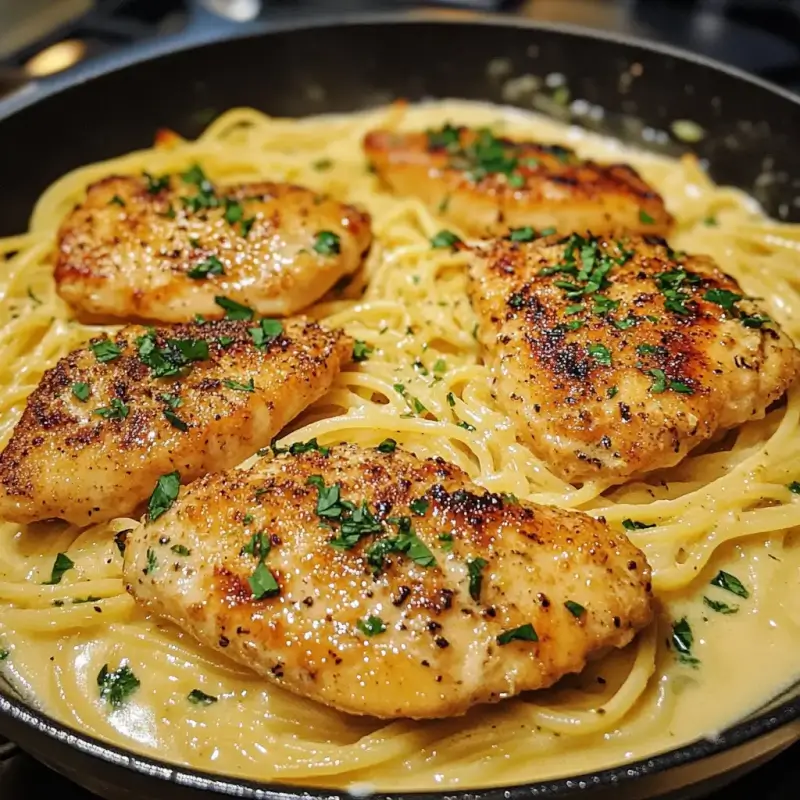 A creamy Chicken Alfredo dish served on a white plate with fettuccine pasta, garnished with fresh parsley and Parmesan cheese.