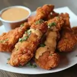 Golden, crispy chicken tenders served on a wooden platter with dipping sauces and fresh parsley garnish.