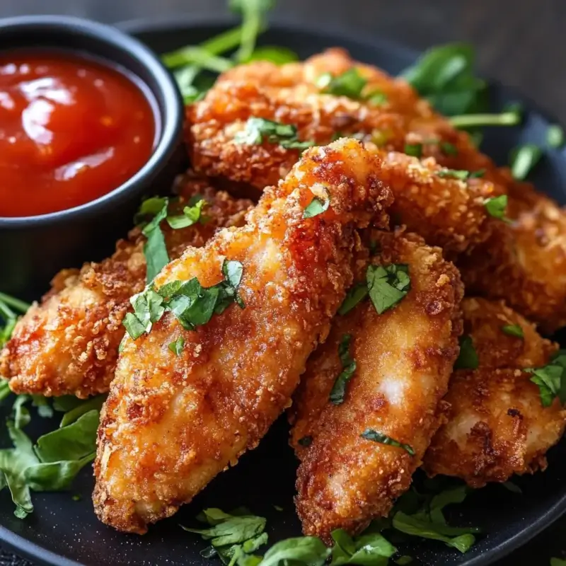 A perfectly golden and crispy Chicken Fritta served on a plate with dipping sauces and fresh herbs as garnish.