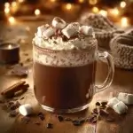 A mug of hot chocolate topped with whipped cream, marshmallows, and chocolate shavings, placed on a wooden table with cinnamon sticks and cocoa beans around it.