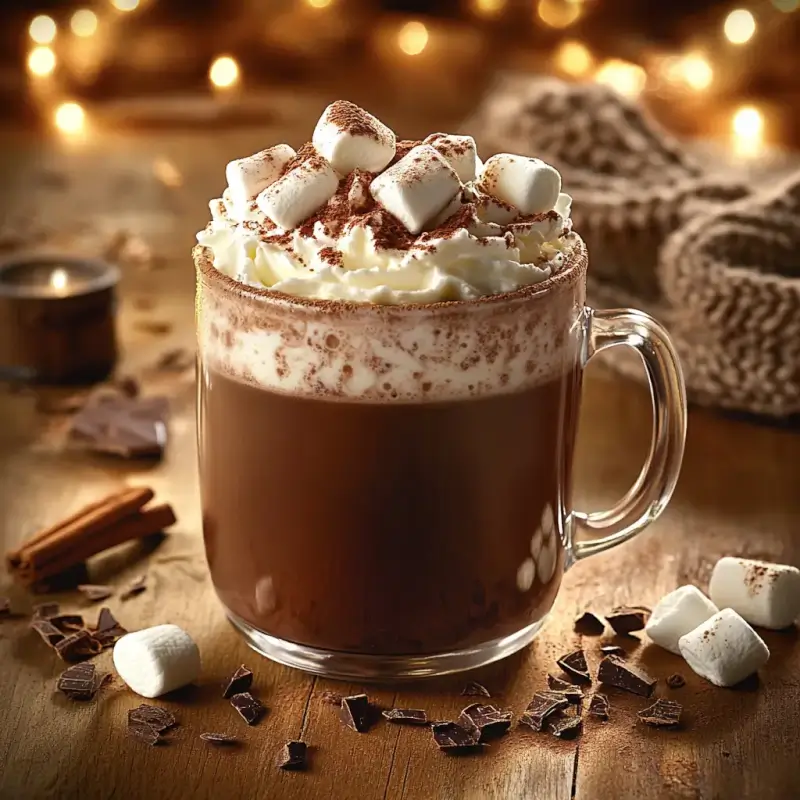 A mug of hot chocolate topped with whipped cream, marshmallows, and chocolate shavings, placed on a wooden table with cinnamon sticks and cocoa beans around it.