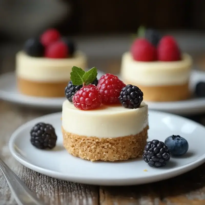 Delicious mini cheesecake recipe topped with fresh berries and whipped cream.