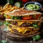 A close-up of a quesadilla burger featuring a juicy beef patty, melted cheese, fresh vegetables, and creamy chipotle mayo, sandwiched between two crispy golden-brown tortillas, served with fries and guacamole on a rustic wooden board.