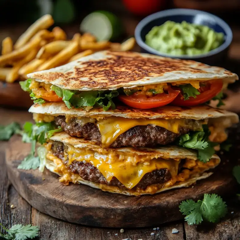 A close-up of a quesadilla burger featuring a juicy beef patty, melted cheese, fresh vegetables, and creamy chipotle mayo, sandwiched between two crispy golden-brown tortillas, served with fries and guacamole on a rustic wooden board.