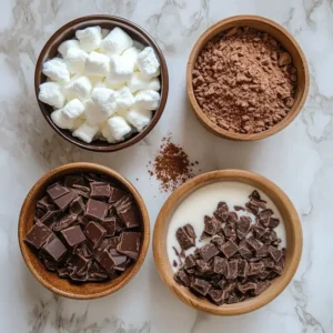 Ingredients for hot chocolate arranged on a kitchen counter: whole milk, chopped dark chocolate, sugar, vanilla extract, and optional toppings like marshmallows and whipped cream.