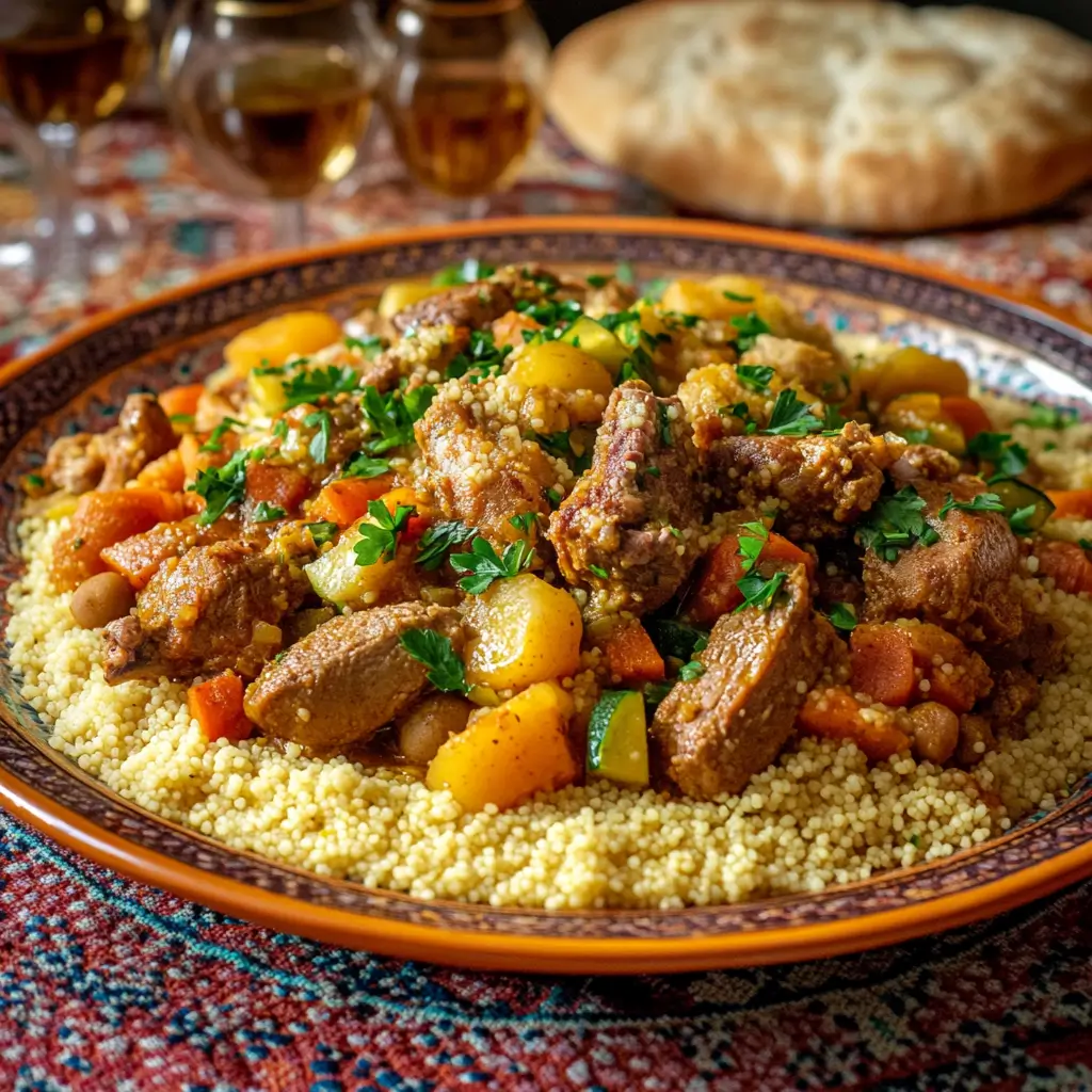 A traditional Moroccan couscous platter topped with tender slow-cooked chicken, lamb, and beef, surrounded by colorful stewed vegetables like carrots and zucchini, served on a decorative ceramic plate with Moroccan decor in the background.