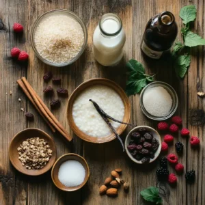 A creamy bowl of rice pudding topped with cinnamon, fresh berries, and a drizzle of honey, served on a rustic wooden table with a cozy, inviting atmosphere.