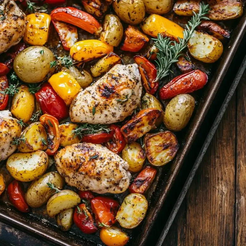 A freshly baked sheet pan dinner featuring golden roasted chicken breasts, crispy baby potatoes, and vibrant bell peppers in red, yellow, and green. The dish is garnished with fresh rosemary and drizzled with olive oil, sitting on a rustic wooden table. The vegetables are slightly charred, and the meal looks warm, inviting, and full of flavor. Soft natural lighting highlights the textures and colors, creating a cozy and appetizing home-cooked dinner atmosphere.