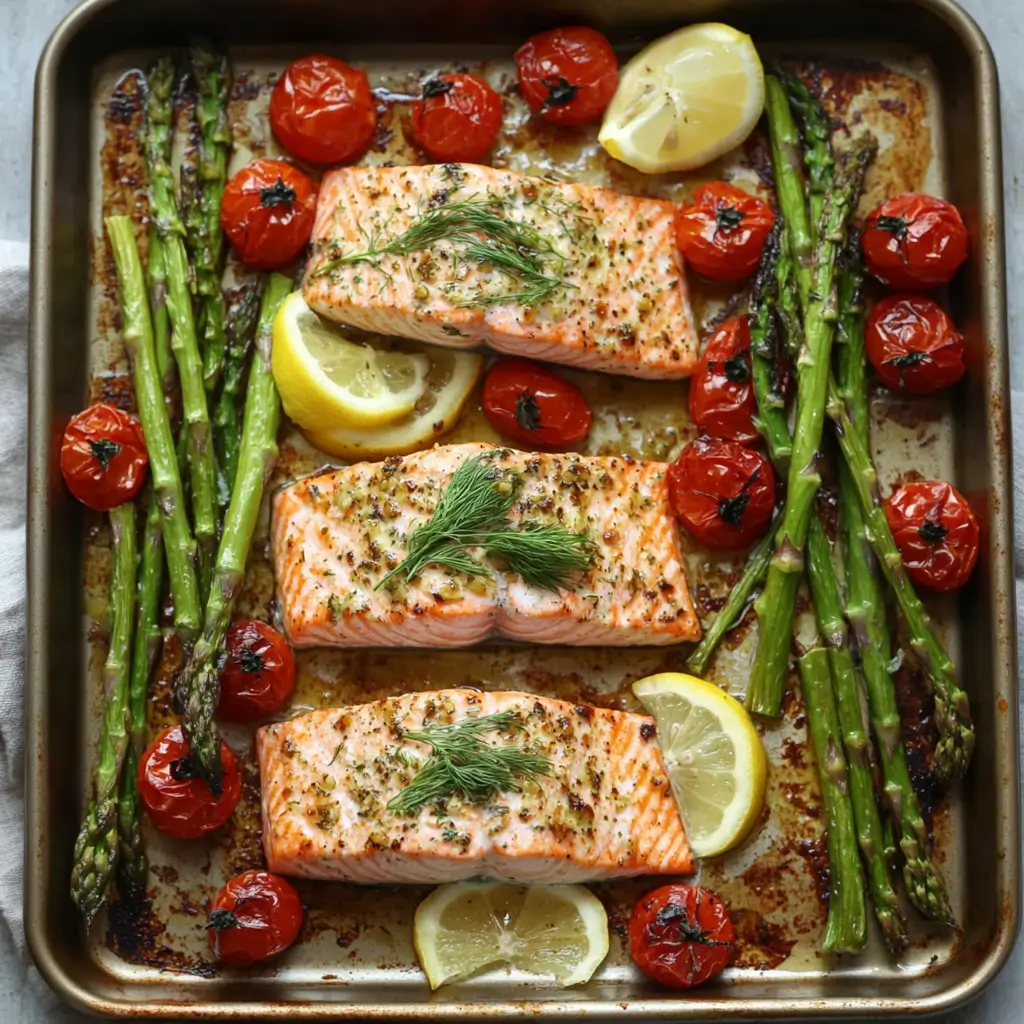 A beautifully roasted sheet pan salmon fillet with a crispy golden crust, garnished with fresh dill and lemon slices. Surrounding the salmon are vibrant green asparagus spears and juicy cherry tomatoes, lightly caramelized from roasting. The dish is drizzled with olive oil and infused with garlic and herbs, creating a healthy, flavorful, and visually appealing one-pan meal. The rustic baking sheet and warm natural lighting enhance the freshness and inviting presentation of this home-cooked dinner.