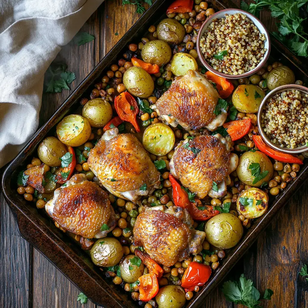 A beautifully plated sheet pan meal featuring crispy roasted chicken thighs, colorful oven-roasted vegetables, and a side of fluffy quinoa and brown rice. A small bowl of lentils and chickpeas adds extra protein, creating a hearty and nutritious one-pan meal. Warm lighting highlights the textures of crispy chicken, tender vegetables, and wholesome grains.