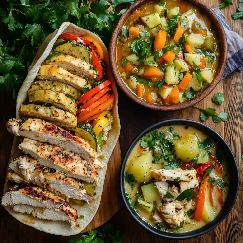 A delicious variety of creative leftover meals, including a chicken and vegetable wrap, a steaming bowl of homemade soup, and a fresh protein-packed salad, all made from roasted sheet pan chicken and vegetables.