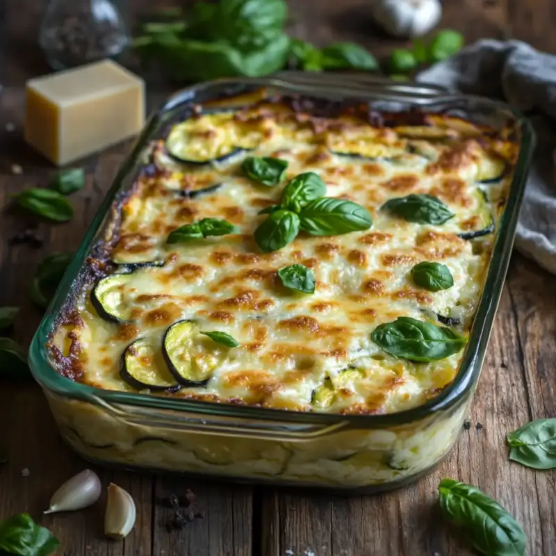 Creamy courgette lasagne layered with thinly sliced courgettes, bechamel sauce, and melted cheese, baked to golden perfection.