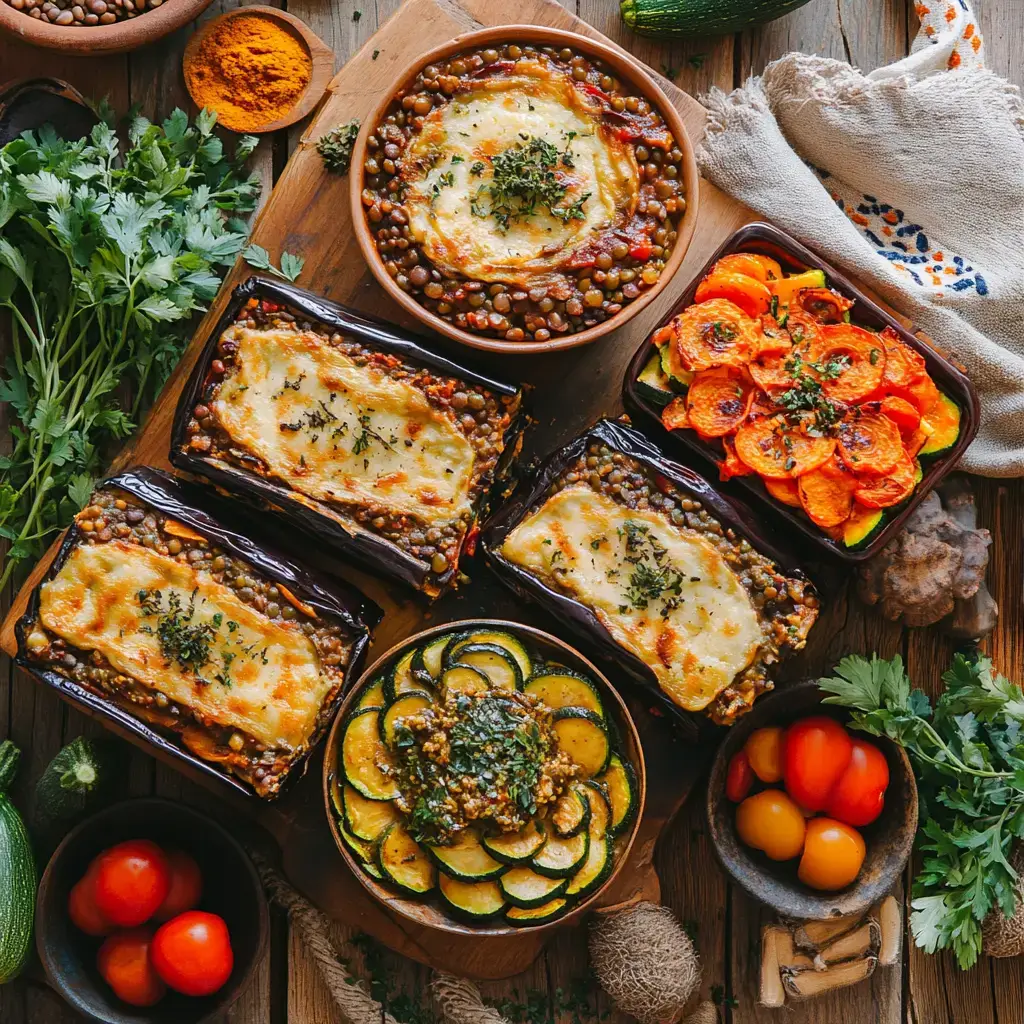 An assortment of vegan moussaka variations, including traditional eggplant and lentils with creamy vegan béchamel, low-carb zucchini layers, and an oil-free roasted vegetable option, beautifully plated with fresh herbs.