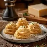 A plate of Cacio e Pepe with twirled spaghetti coated in a creamy cheese and black pepper sauce, garnished with Pecorino Romano and cracked black pepper on a rustic white plate.