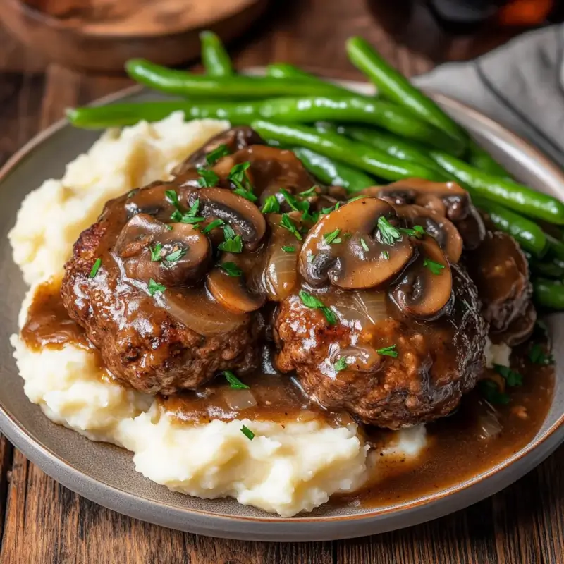 Homemade Salisbury steak smothered in rich brown gravy with sautéed mushrooms and onions, served with creamy mashed potatoes and vibrant steamed green beans on a rustic wooden table.