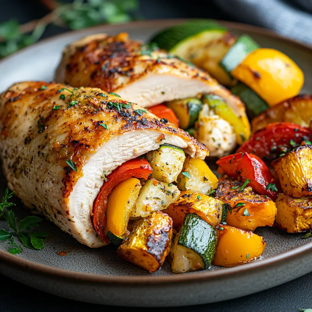 Golden-brown veggie-stuffed chicken breast sliced open to reveal a colorful filling of sautéed bell peppers and zucchini, garnished with fresh herbs and served with roasted vegetables.