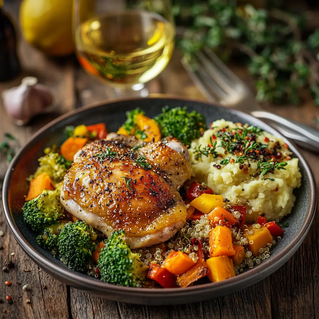 A well-balanced plate featuring crispy roasted chicken, colorful roasted vegetables, and a nutritious side of quinoa and mashed sweet potatoes, presented on a rustic table with a glass of wine and a fresh salad.