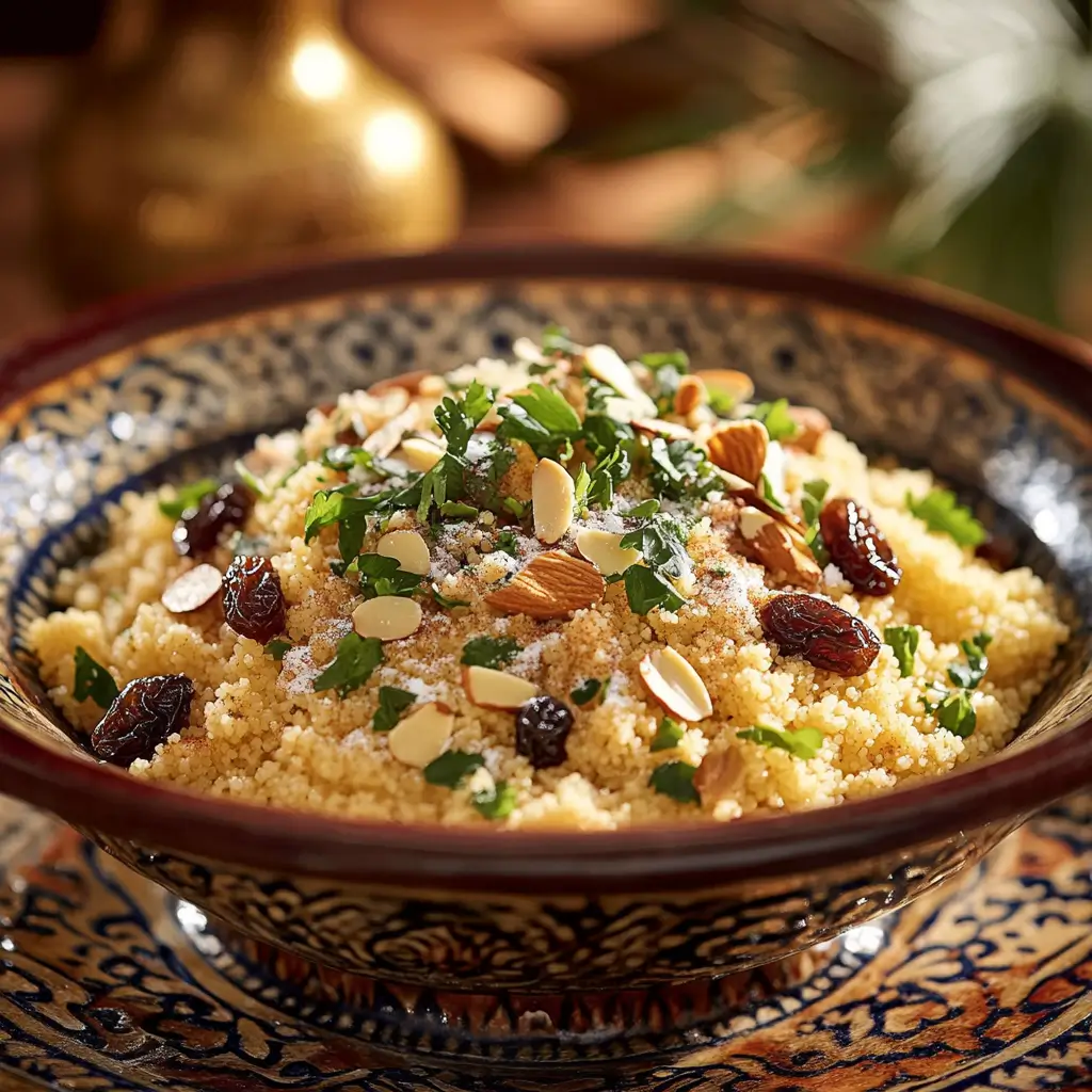 A beautifully garnished Moroccan couscous dish, topped with fresh parsley, coriander, caramelized onions, raisins, sliced almonds, and a sprinkle of cinnamon and powdered sugar, served on an intricately patterned ceramic plate.