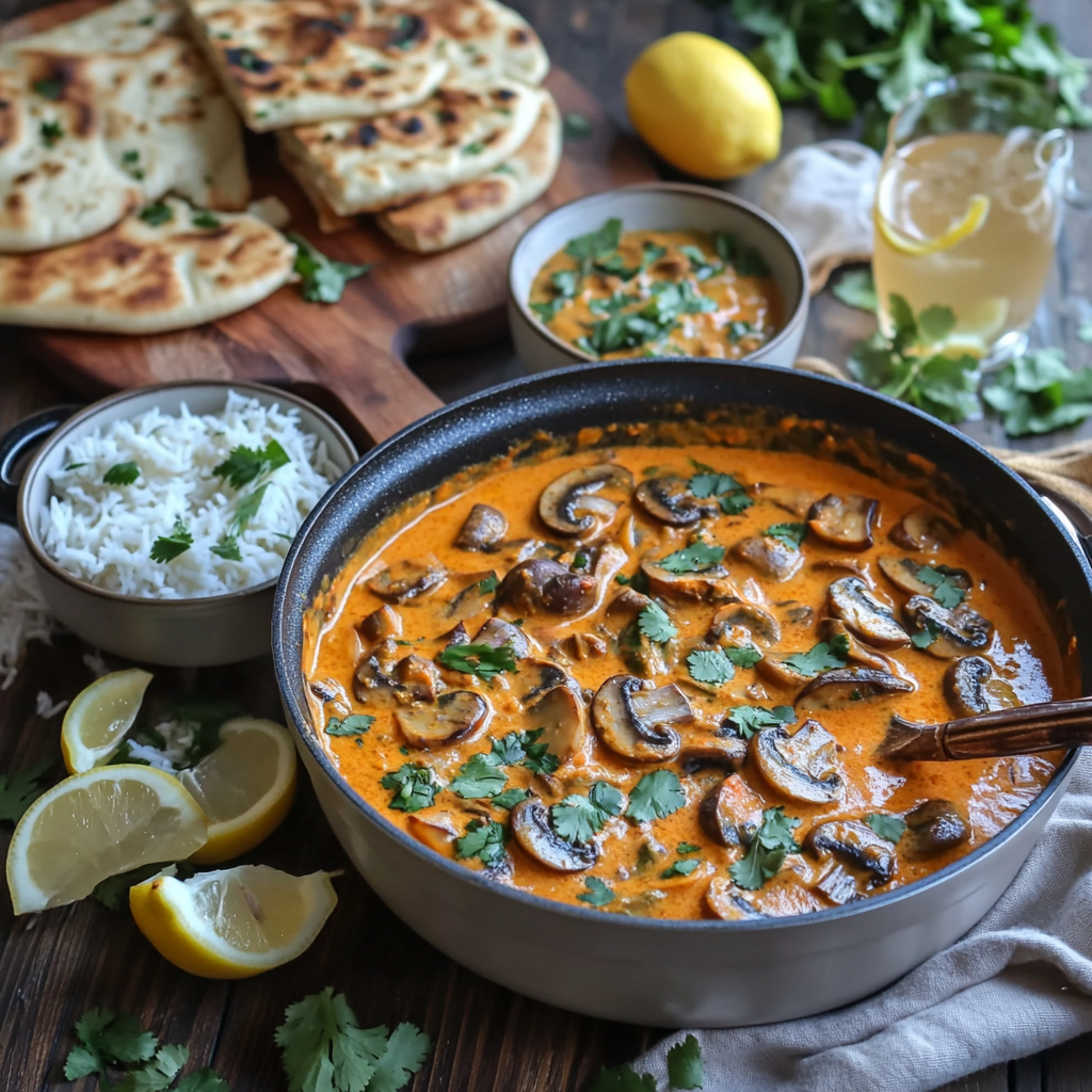 A warm and inviting kitchen scene featuring Mushroom Tikka Masala being served and stored. The rich, creamy orange curry is garnished with fresh cilantro and displayed in a pot, individual serving bowls, and neatly packed containers. A wooden cutting board with sliced mushrooms, lemon wedges, and cilantro sprigs adds detail, while sides like naan bread, basmati rice, and lassi drinks complete the spread on a rustic wooden table, all illuminated by soft natural light.