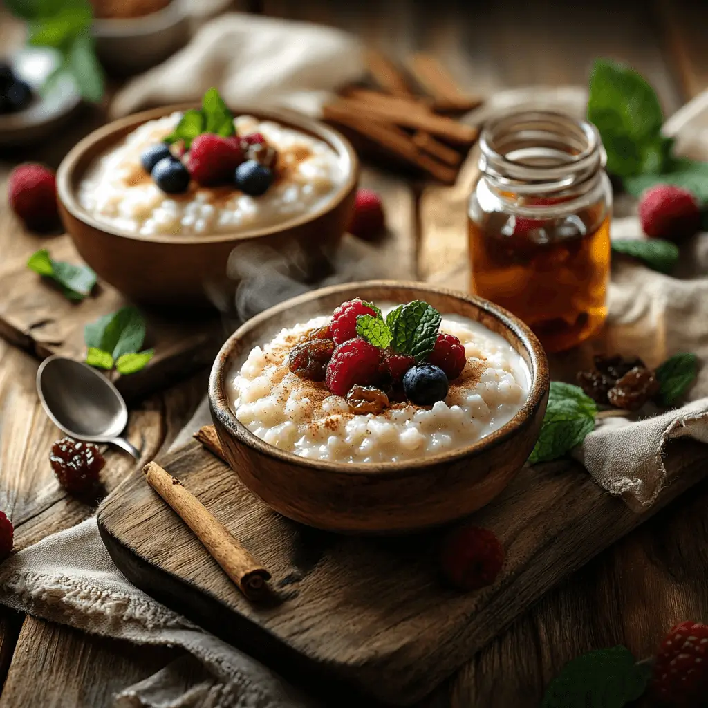 Two bowls of rice pudding presented in different styles: one served hot with steam rising, garnished with cinnamon and raisins, and the other served cold, topped with fresh berries and mint leaves. The setting includes a wooden countertop, a cinnamon stick, a jar of honey, and a rustic napkin, creating a warm and inviting atmosphere.