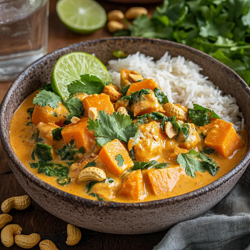A rustic ceramic bowl filled with creamy sweet potato and peanut curry, garnished with fresh cilantro, toasted peanuts, and lime wedges, surrounded by fresh ingredients like raw sweet potatoes, peanuts, and spinach, with a bowl of steamed jasmine rice and a glass of lime water nearby.