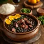 A traditional Brazilian Feijoada served in a rustic clay pot with black beans, pork, and sausage, surrounded by white rice, collard greens, Farofa, and orange slices on a wooden table.