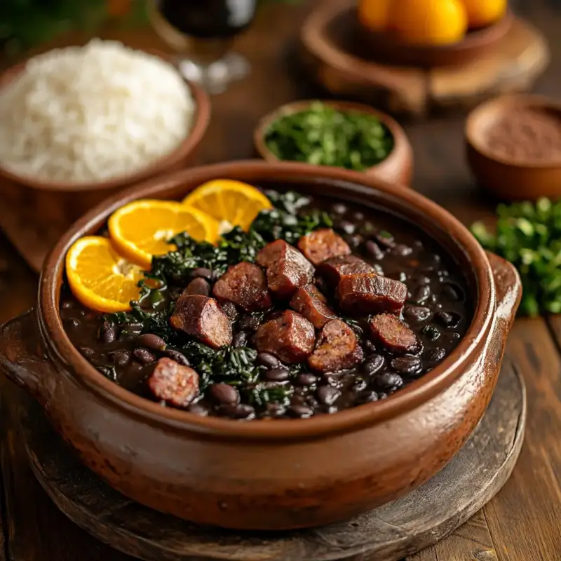 A traditional Brazilian Feijoada served in a rustic clay pot with black beans, pork, and sausage, surrounded by white rice, collard greens, Farofa, and orange slices on a wooden table.