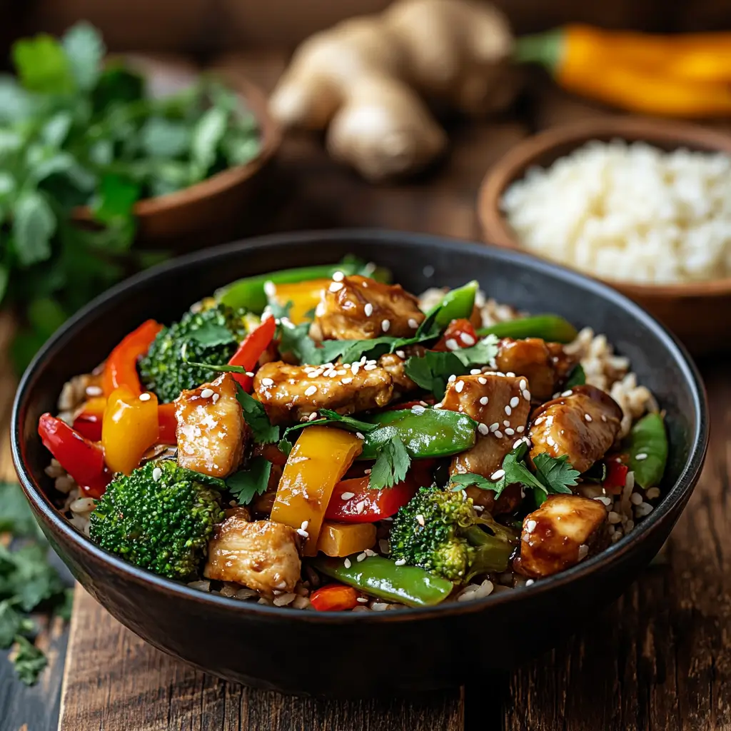Close-up of a vibrant and healthy stir fry served with brown rice, featuring colorful vegetables like broccoli, bell peppers, and snap peas, alongside tender chicken slices. The dish is coated in a glossy soy-ginger sauce, topped with sesame seeds and fresh cilantro. In the background, fresh ingredients such as ginger, garlic, and tamari are arranged, along with a bowl of cauliflower rice for a low-carb option. Warm natural lighting highlights the textures and rich colors, creating a cozy and inviting atmosphere.