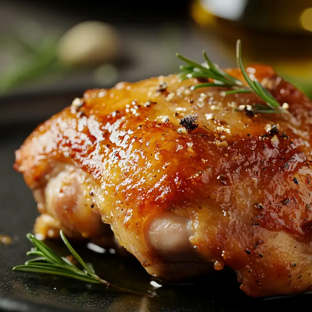 A close-up shot of crispy, golden-brown roasted chicken with a perfectly seared crust and juicy, tender interior. The chicken glistens with natural juices, enhanced by high-heat roasting and seasoning. Steam rises slightly, highlighting freshness, with a rustic kitchen setting in the background.