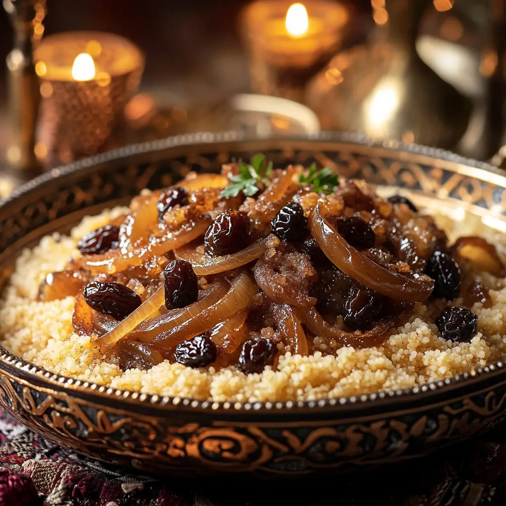 A close-up of Moroccan Couscous Tfaya, featuring fluffy golden couscous topped with caramelized onions, plump raisins, and a sprinkle of cinnamon and sugar, served on a decorative ceramic platter with festive elements in the background.