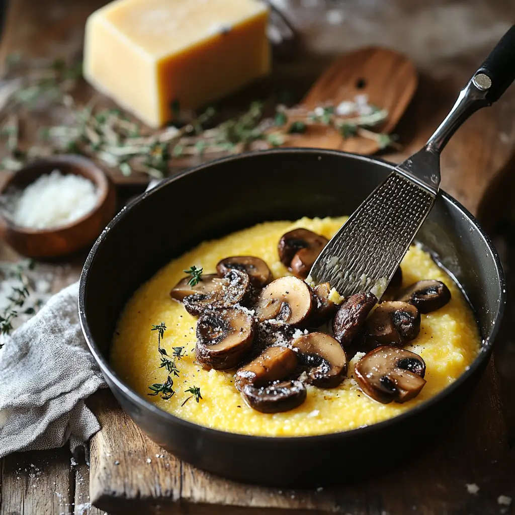 Step-by-Step Preparation of Baked Polenta with Oven-Roasted Mushrooms in a Rustic Kitchen Setting Step-by-step preparation of baked polenta with oven-roasted mushrooms in a rustic kitchen setting. A saucepan of creamy polenta being whisked, alongside a baking dish of golden-baked polenta and a tray of mushrooms seasoned with olive oil, garlic, and thyme ready for roasting. Fresh herbs, Parmesan cheese, and other ingredients scattered around create a cozy and inviting atmosphere.