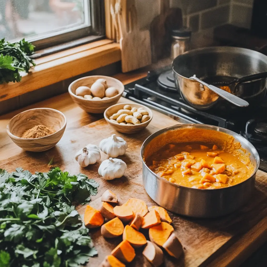 A kitchen countertop with chopped sweet potatoes, a bowl of peanut butter, small bowls of vibrant spices like turmeric and paprika, and a pot of golden curry simmering on the stove. Fresh ingredients such as garlic, onions, and cilantro are scattered around, illuminated by soft natural light streaming through a nearby window.