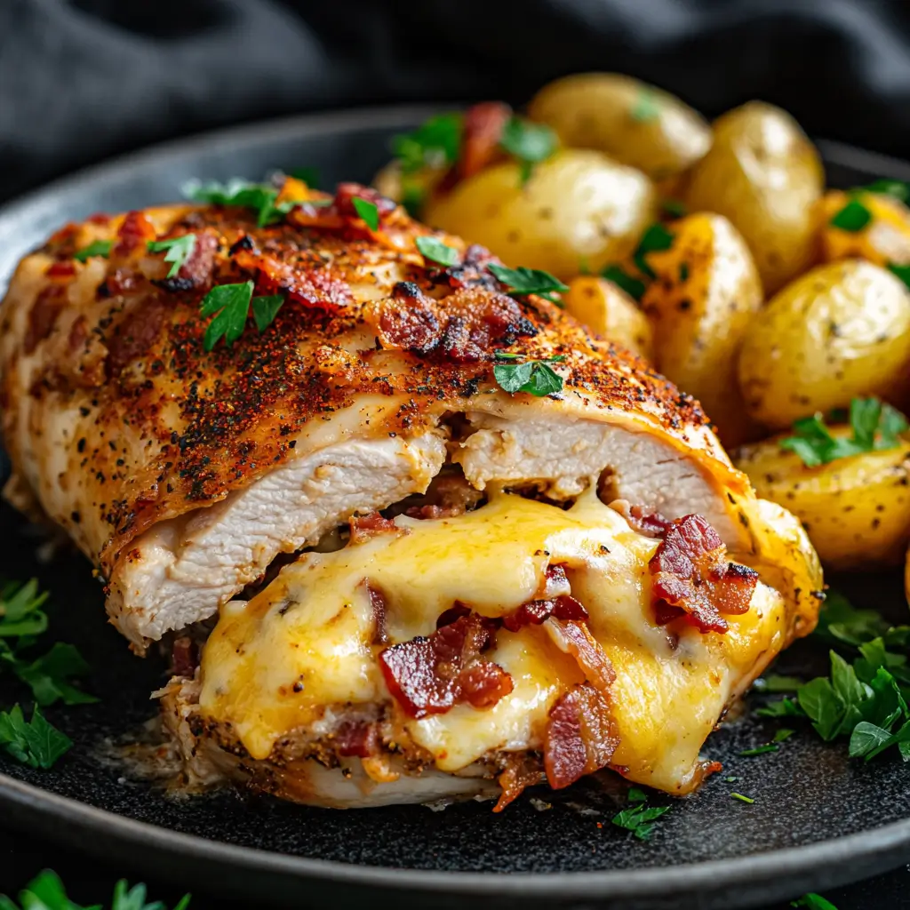 Golden-brown stuffed chicken breast sliced open to reveal a rich filling of crispy bacon and melted cheddar cheese, served with roasted potatoes and garnished with fresh parsley.