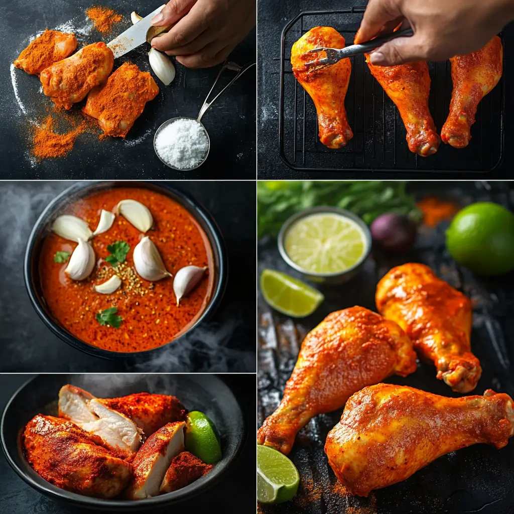 A step-by-step visual guide for making tandoori chicken legs, showcasing cleaned and scored chicken legs, a vibrant yogurt-based marinade, marination process, refrigeration, and grilling with char marks and smoky details.