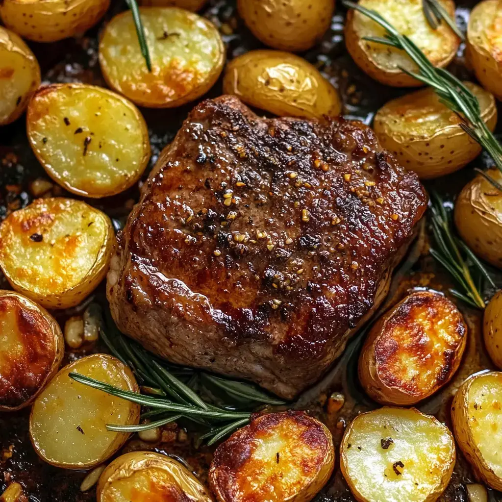 A rustic sheet pan meal featuring a perfectly seared, juicy steak with a golden-brown crust, cooked to medium-rare with a warm pink center. Surrounding the steak, crispy baby potatoes are roasted to perfection alongside whole garlic cloves, infused with olive oil and fresh rosemary. The dish is arranged on a well-seasoned baking sheet, with warm, natural lighting enhancing the rich textures and deep flavors of this hearty, satisfying meal.