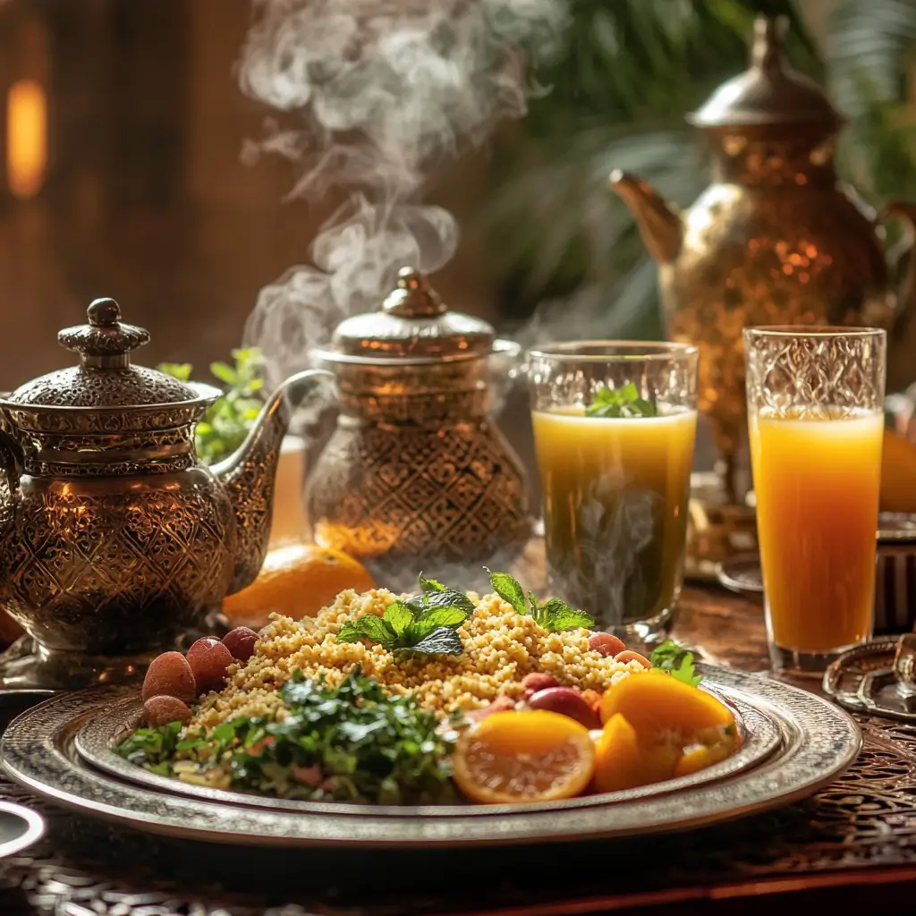 A traditional Moroccan dining setup featuring a large couscous platter paired with a pot of Moroccan mint tea in ornate glasses, freshly squeezed orange juice, and a cup of spiced milk with cinnamon, set on a vibrant patterned tablecloth.