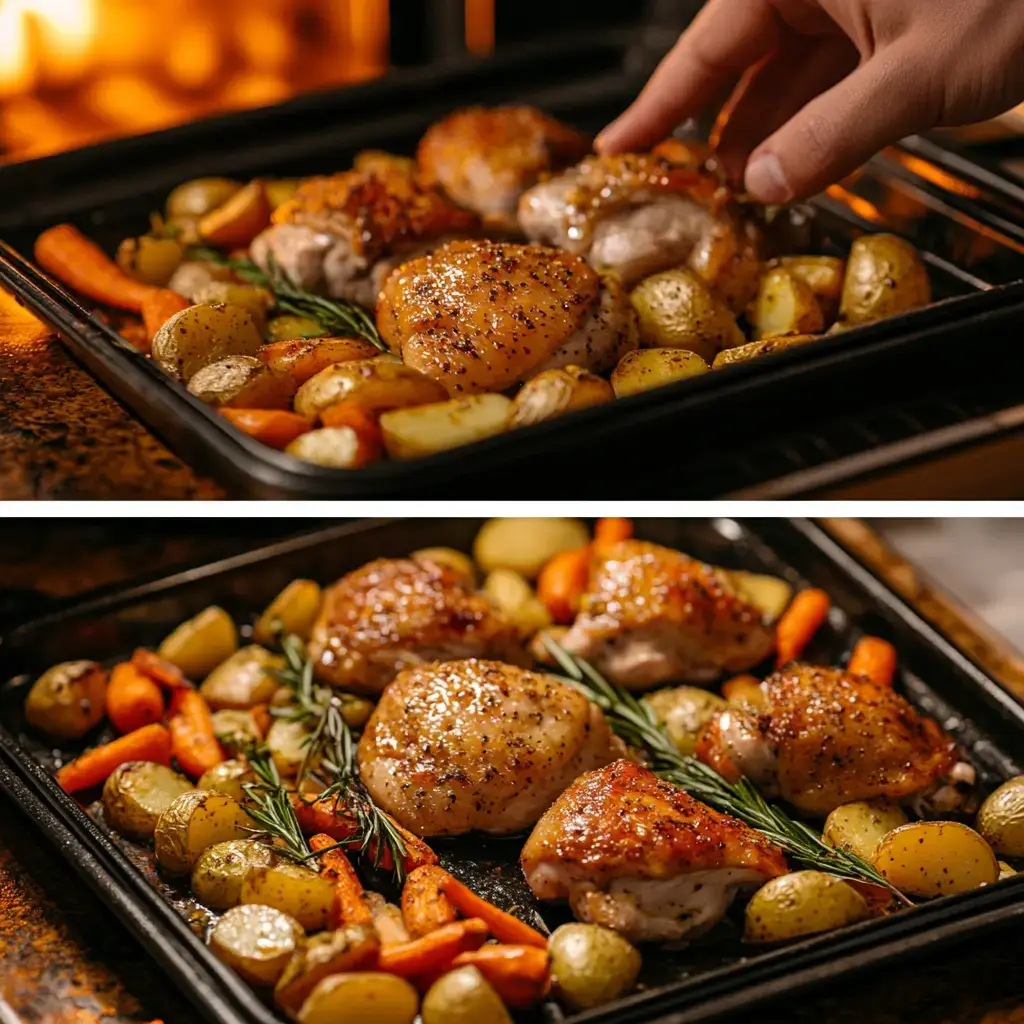 Step-by-step process of making sheet pan chicken & vegetables, showing prepped ingredients, seasoned chicken, and perfectly roasted vegetables arranged on a baking sheet, cooked to golden perfection.