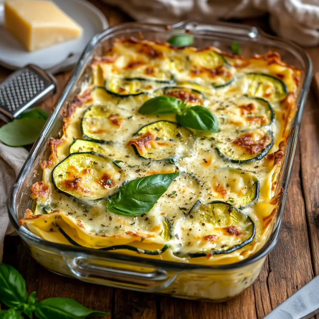 A perfectly baked creamy courgette lasagne in a glass baking dish with golden-brown bubbling cheese, surrounded by fresh basil, parmesan, and a cheese grater on a rustic wooden table.