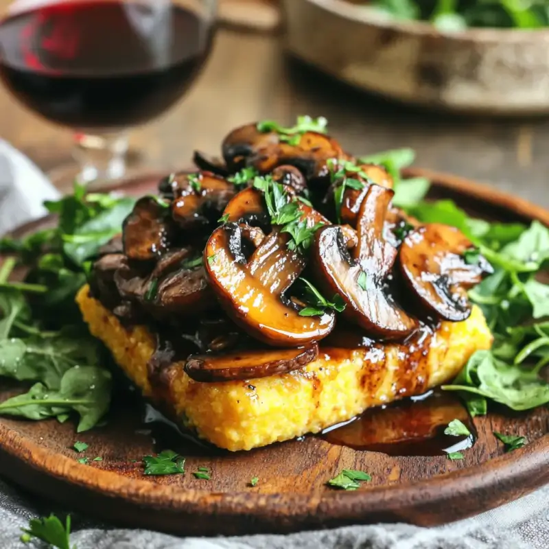 A slice of golden-crusted baked polenta topped with caramelized oven-roasted mushrooms, garnished with fresh parsley and a drizzle of balsamic glaze, served on a wooden table with a side of leafy greens and a glass of red wine.