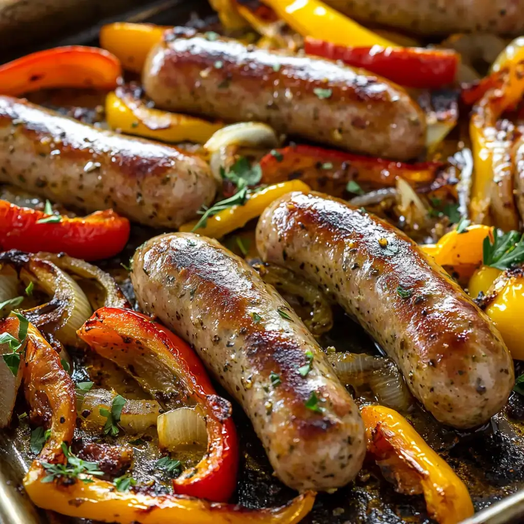 A rustic sheet pan meal featuring plump, golden-brown Italian sausages, roasted to perfection with a slight char. Surrounding the sausages, vibrant red, yellow, and green bell peppers, along with caramelized onions, glisten with olive oil and Italian seasoning. The dish is arranged on a well-seasoned baking sheet, with warm lighting highlighting the rich textures and bold Mediterranean flavors. A side of crusty bread and a drizzle of balsamic glaze complete this hearty, home-cooked Italian-inspired meal.