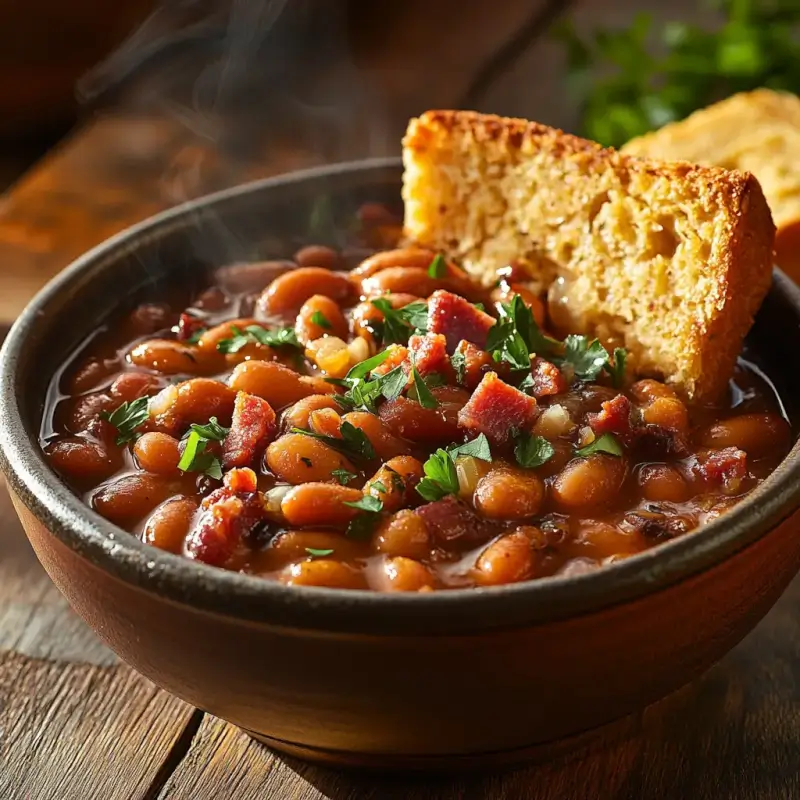 A rustic bowl of baked beans in a rich sauce, topped with bacon bits and herbs, served with cornbread slices on a wooden table.